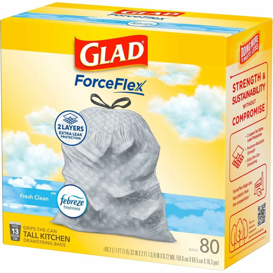 Glad ForceFlex Tall Kitchen Drawstring Trash Bags, Fresh Clean with Febreze, 13 Gallon, 0.78 mil Thickness, White, Drawstring Closure, 80 Bags per Box, 2 Boxes per Pallet