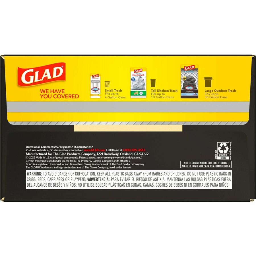 Glad Strong Large Drawstring Trash Bags - Large Size - 30 gal Capacity - 32.99" Length x 30" Width x 1.05 mil (27 Micron) Thickness - Drawstring Closure - Black - Plastic - Garbage, Indoor, Outdoor - 90/Box - 2 / Pallet