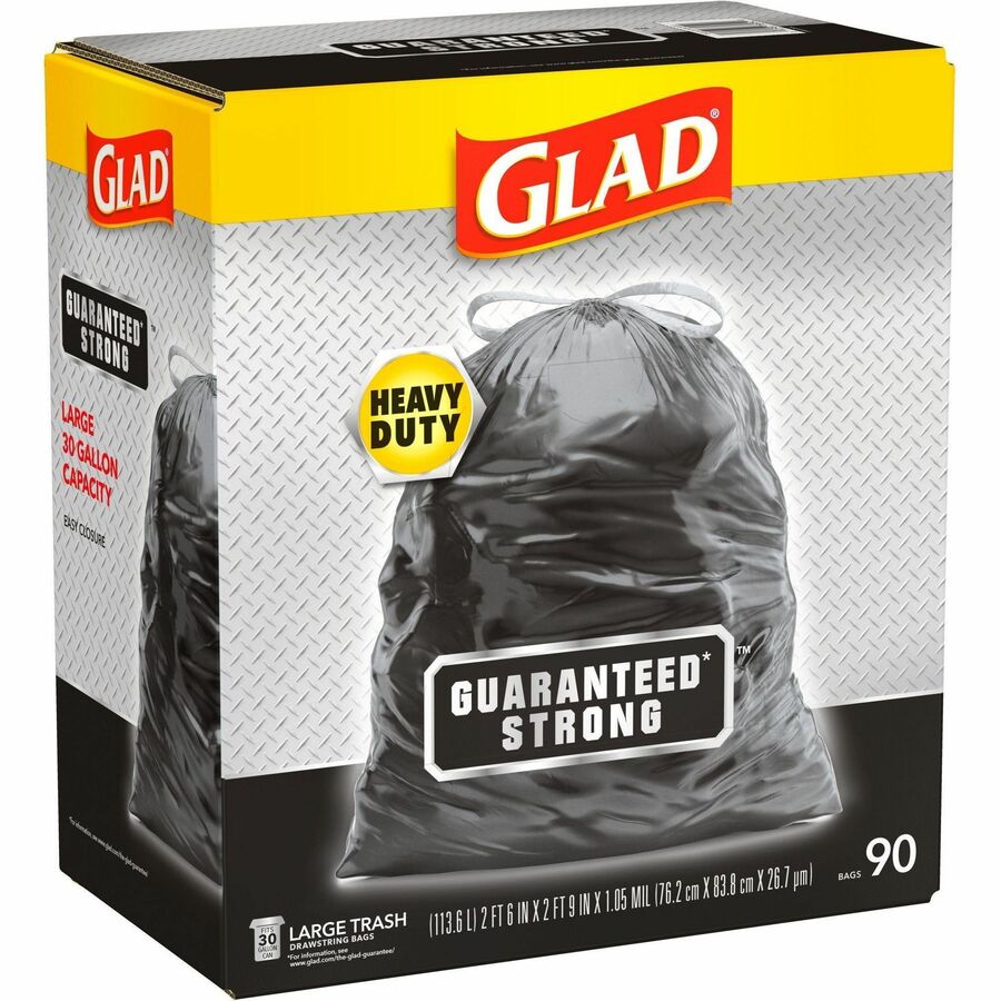 Glad Strong Large Drawstring Trash Bags - Large Size - 30 gal Capacity - 32.99" Length x 30" Width x 1.05 mil (27 Micron) Thickness - Drawstring Closure - Black - Plastic - Garbage, Indoor, Outdoor - 90/Box - 2 / Pallet