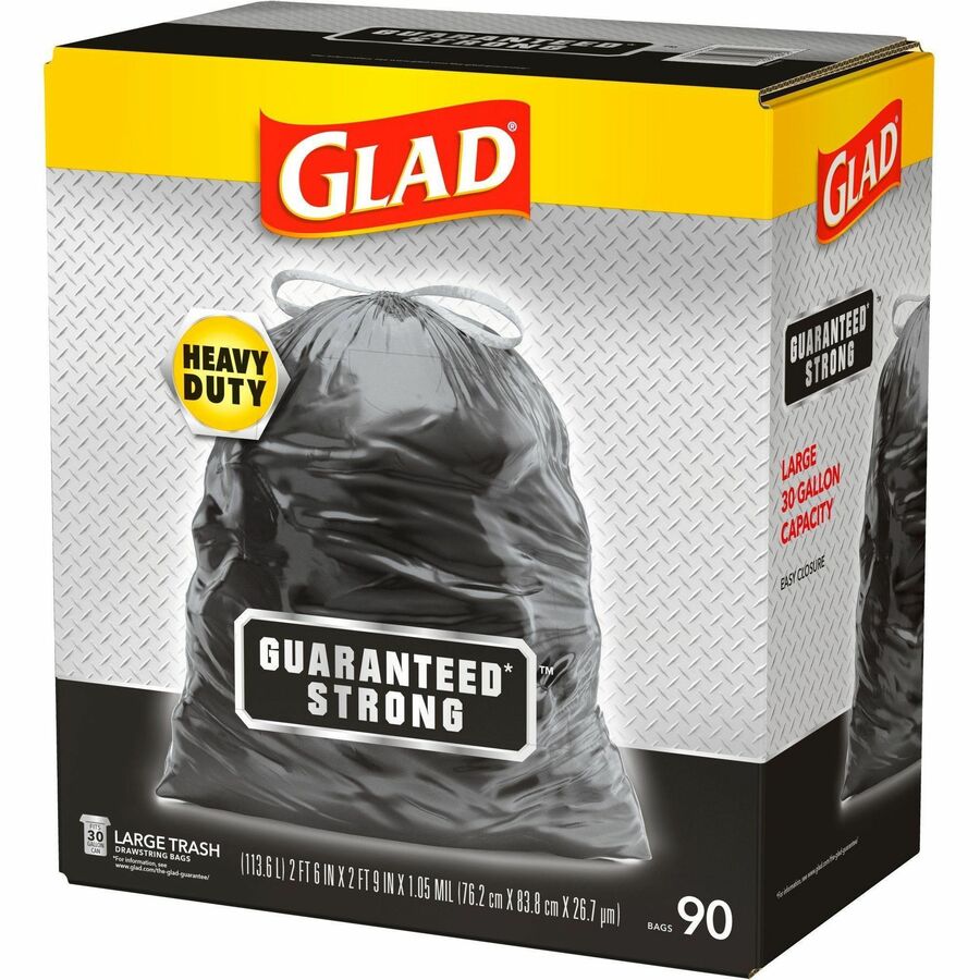Glad Strong Large Drawstring Trash Bags - Large Size - 30 gal Capacity - 32.99" Length x 30" Width x 1.05 mil (27 Micron) Thickness - Drawstring Closure - Black - Plastic - Garbage, Indoor, Outdoor - 90/Box - 2 / Pallet