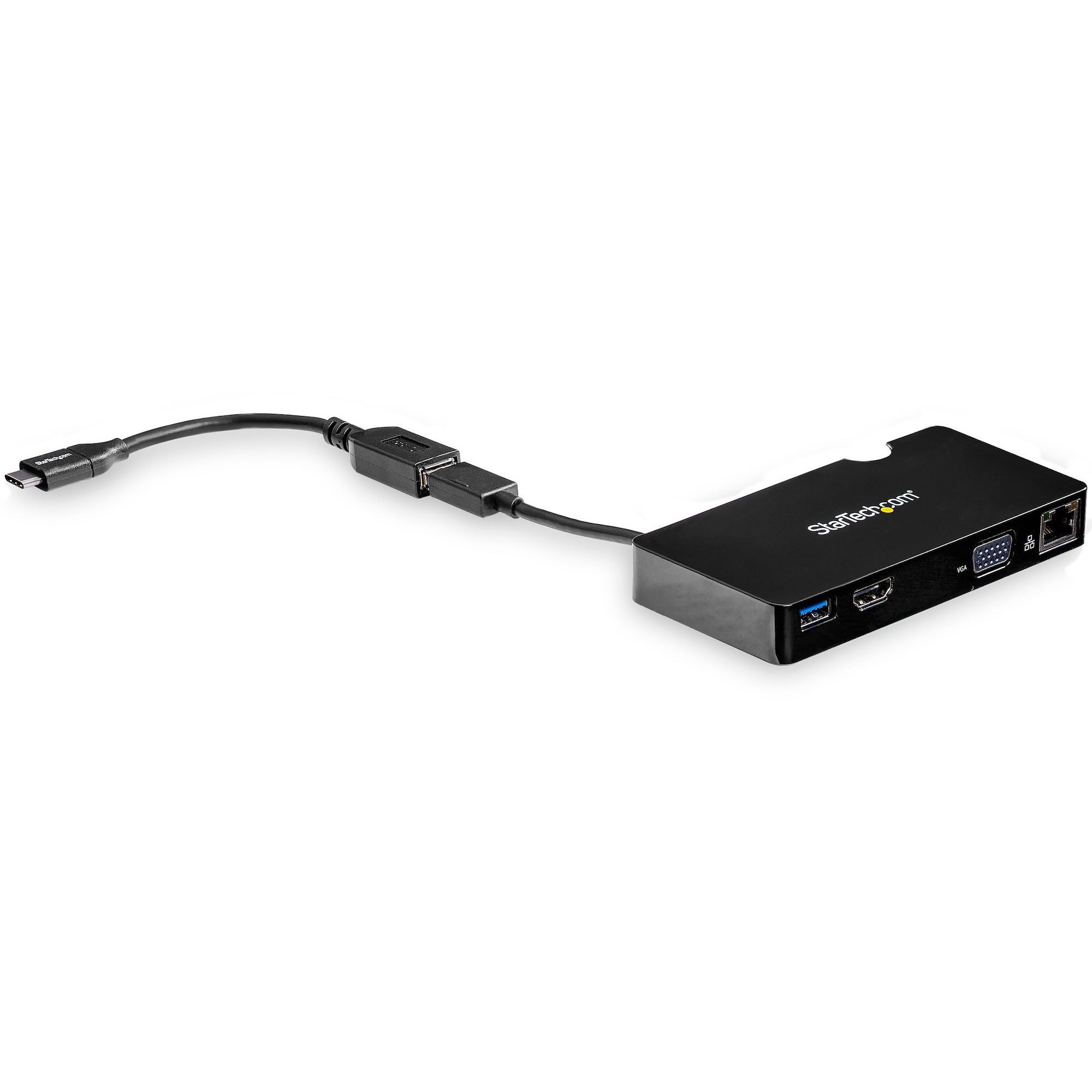 StarTech.com Docking Station, USB 3.0 Type-A, supports 1 display (2048 x 1152), 2 USB 3.0 ports, HDMI, VGA, RJ-45 Gigabit Ethernet, black, includes USB-C to USB-A adapter, packaged quantity: 1