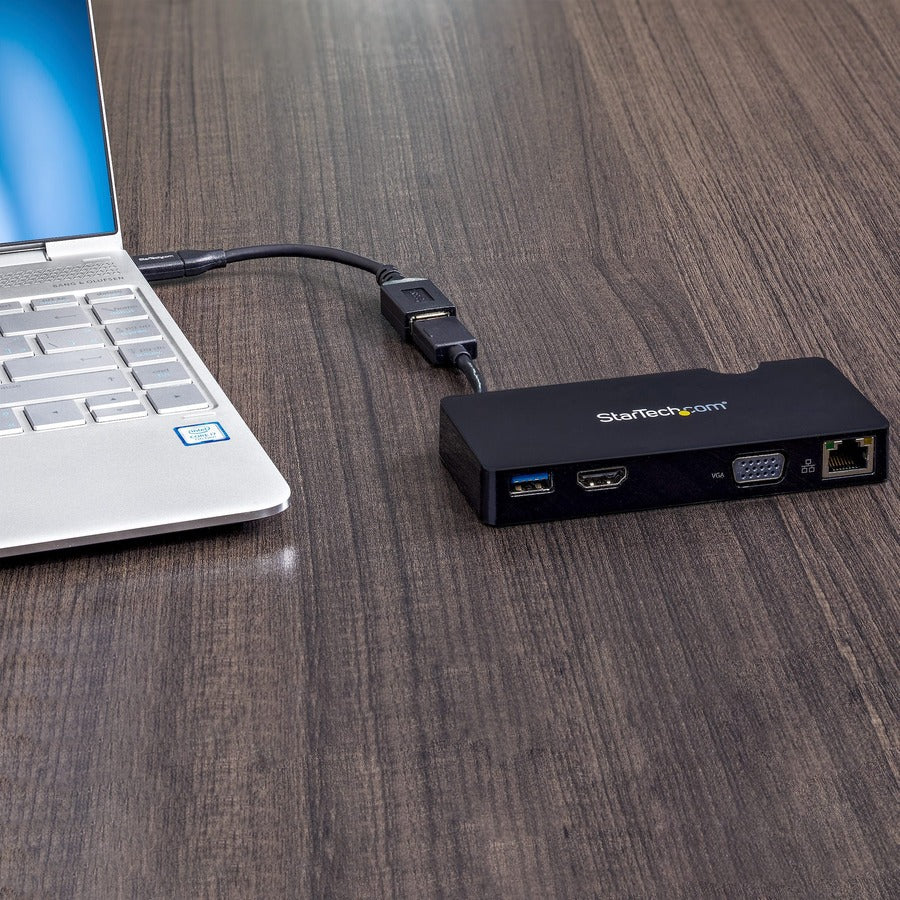 StarTech.com Docking Station, USB 3.0 Type-A, supports 1 display (2048 x 1152), 2 USB 3.0 ports, HDMI, VGA, RJ-45 Gigabit Ethernet, black, includes USB-C to USB-A adapter, packaged quantity: 1