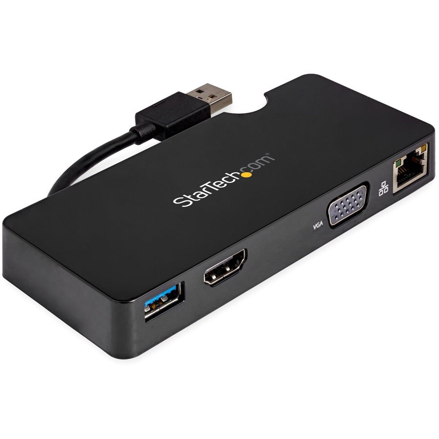 StarTech.com Docking Station, USB 3.0 Type-A, supports 1 display (2048 x 1152), 2 USB 3.0 ports, HDMI, VGA, RJ-45 Gigabit Ethernet, black, includes USB-C to USB-A adapter, packaged quantity: 1