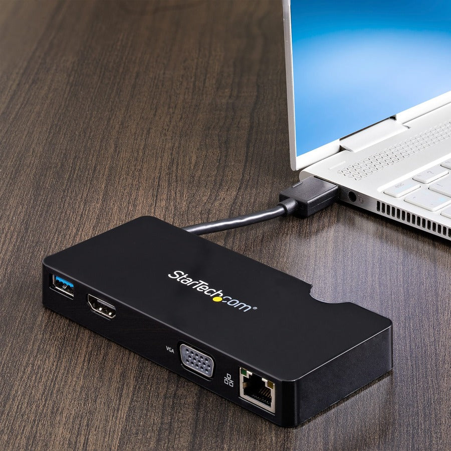 StarTech.com Docking Station, USB 3.0 Type-A, supports 1 display (2048 x 1152), 2 USB 3.0 ports, HDMI, VGA, RJ-45 Gigabit Ethernet, black, includes USB-C to USB-A adapter, packaged quantity: 1