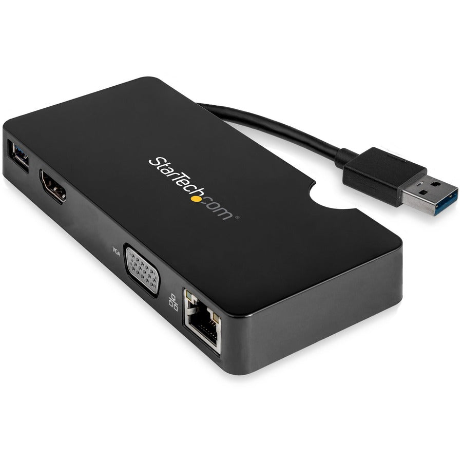 StarTech.com Docking Station, USB 3.0 Type-A, supports 1 display (2048 x 1152), 2 USB 3.0 ports, HDMI, VGA, RJ-45 Gigabit Ethernet, black, includes USB-C to USB-A adapter, packaged quantity: 1