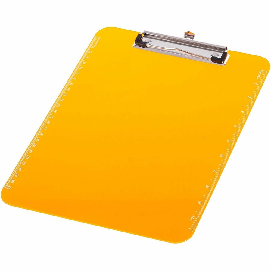 Business Source Flat Clip Clipboard - 9" x 12" Sheet Size - Plastic - Neon Orange - 1 Each