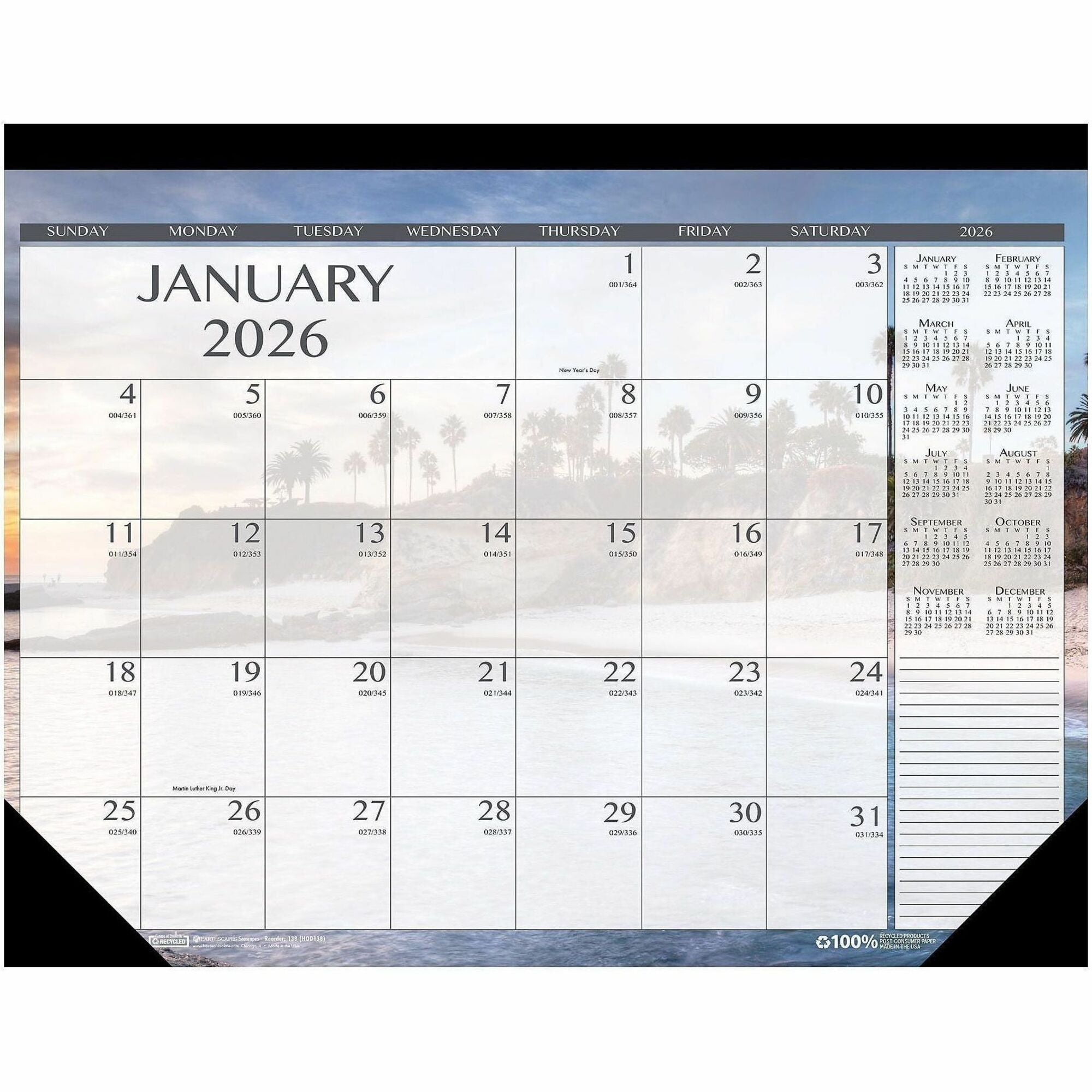 Julian Dates - Monthly - 12 Month - January 2026 to December 2026 - 1 Month Single Page Layout - Desk Pad, Desktop - Black - Leatherette - 17" Height x 22" Width - Recyclable, Seascape, Notes Area, Holiday Listing, Reference Calendar - 1 Each