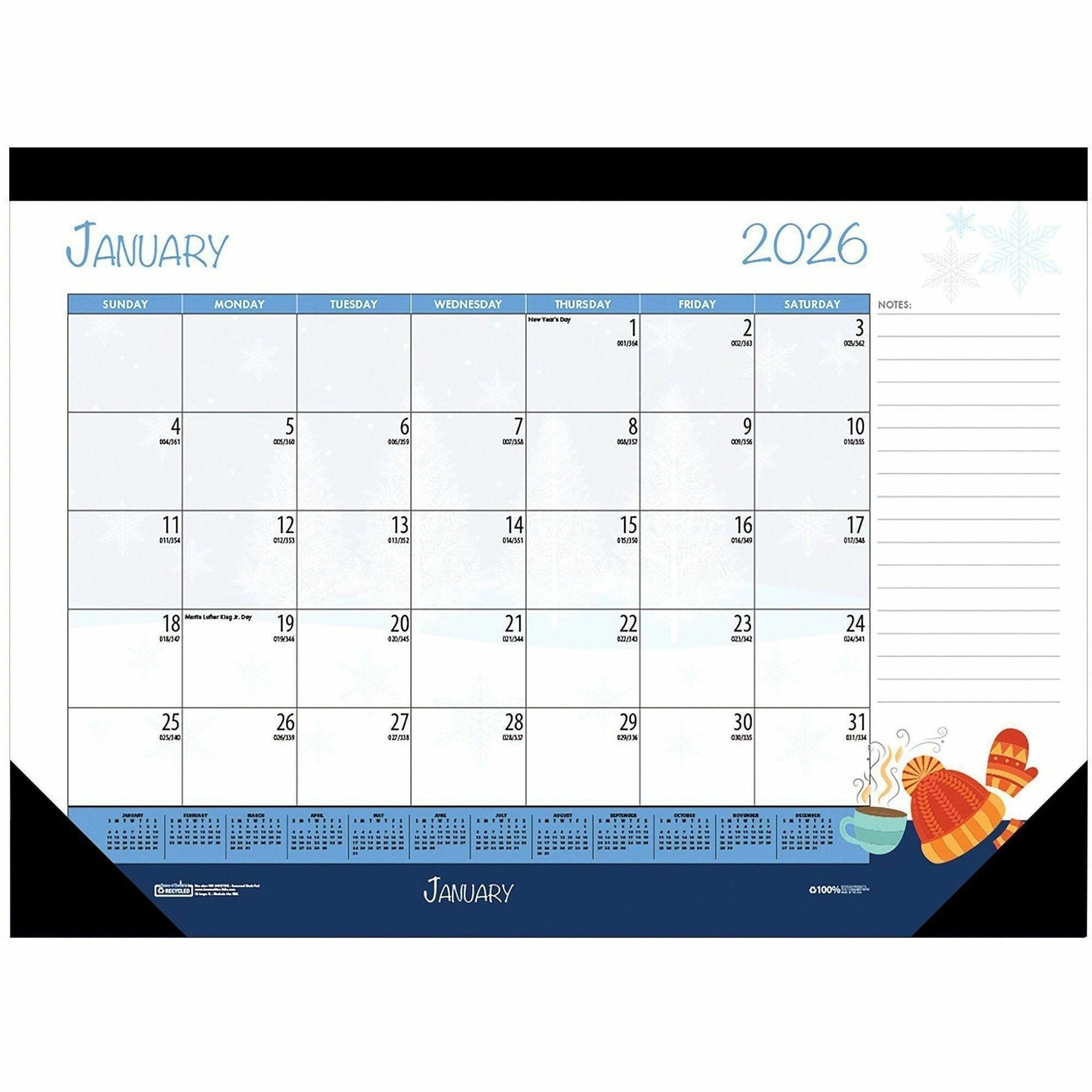 Julian Dates - Monthly - 12 Month - January 2026 to December 2026 - 1 Month Single Page Layout - Desk Pad - Multi - Leatherette - 17" Height x 22" Width - Recyclable, Notes Area, Holiday Listing, Reference Calendar - 1 Each