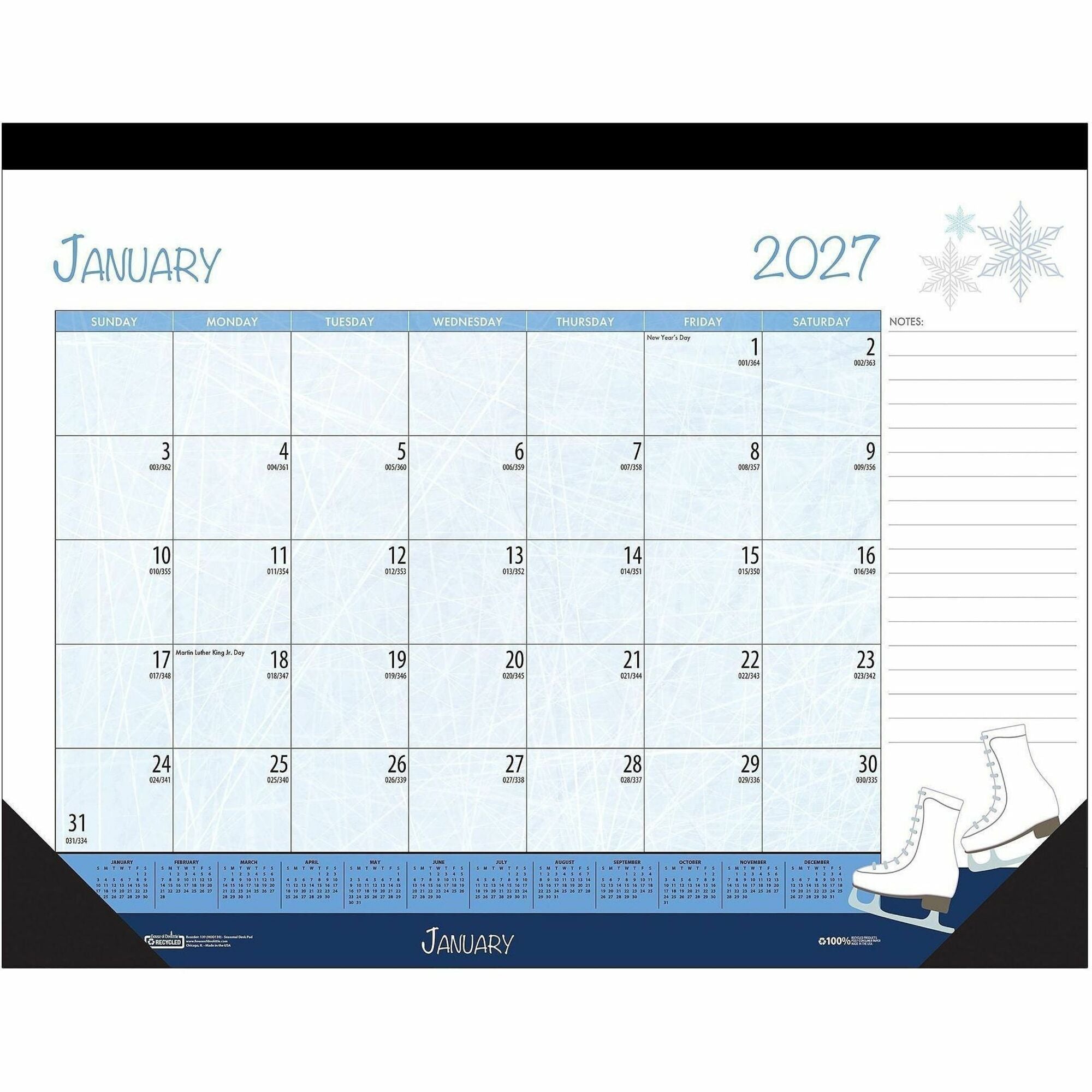 Julian Dates - Monthly - 12 Month - January 2026 to December 2026 - 1 Month Single Page Layout - Desk Pad - Multi - Leatherette - 17" Height x 22" Width - Recyclable, Notes Area, Holiday Listing, Reference Calendar - 1 Each
