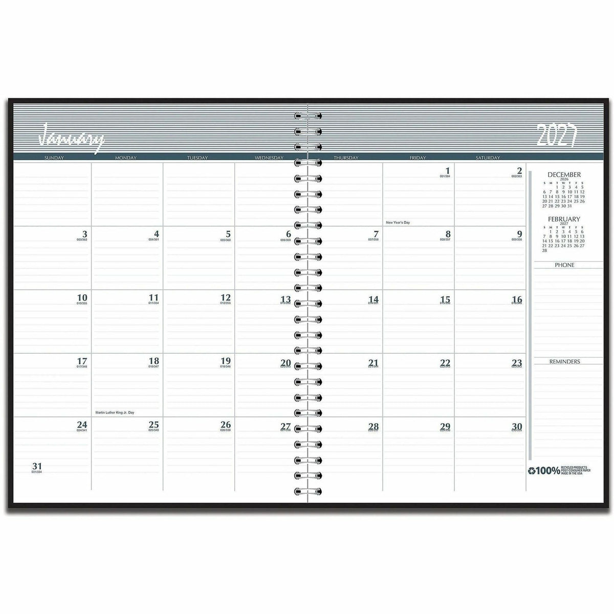 Regular - Monthly - 24 Month - January 2026 to December 2027 - Blue Sheet - Wire Bound - Black Cover - International Holiday, Reference Calendar - 1 Each