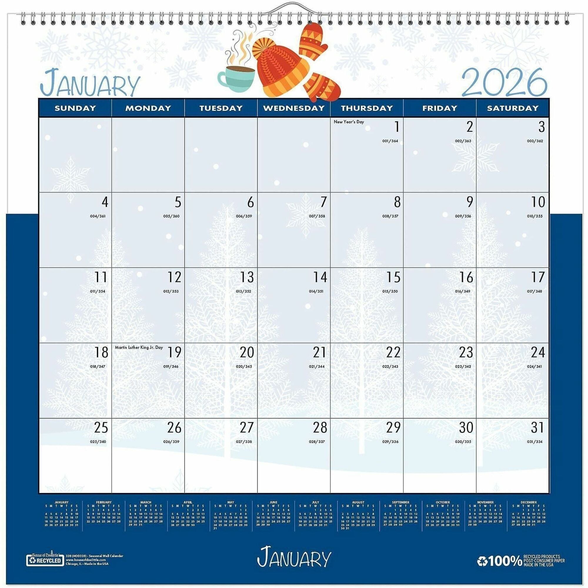 Julian Dates - Monthly - 1 Month Single Page Layout - Wire Bound - 12" Height x 12" Width - Recyclable, Reference Calendar, Holiday Listing - 1 Each