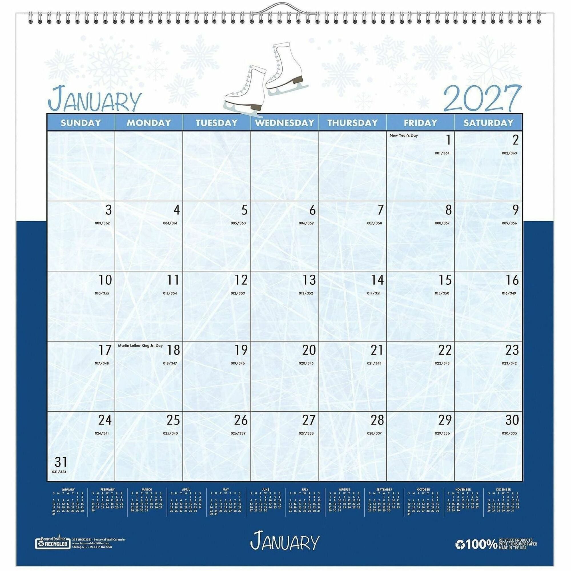 Julian Dates - Monthly - 1 Month Single Page Layout - Wire Bound - 12" Height x 12" Width - Recyclable, Reference Calendar, Holiday Listing - 1 Each