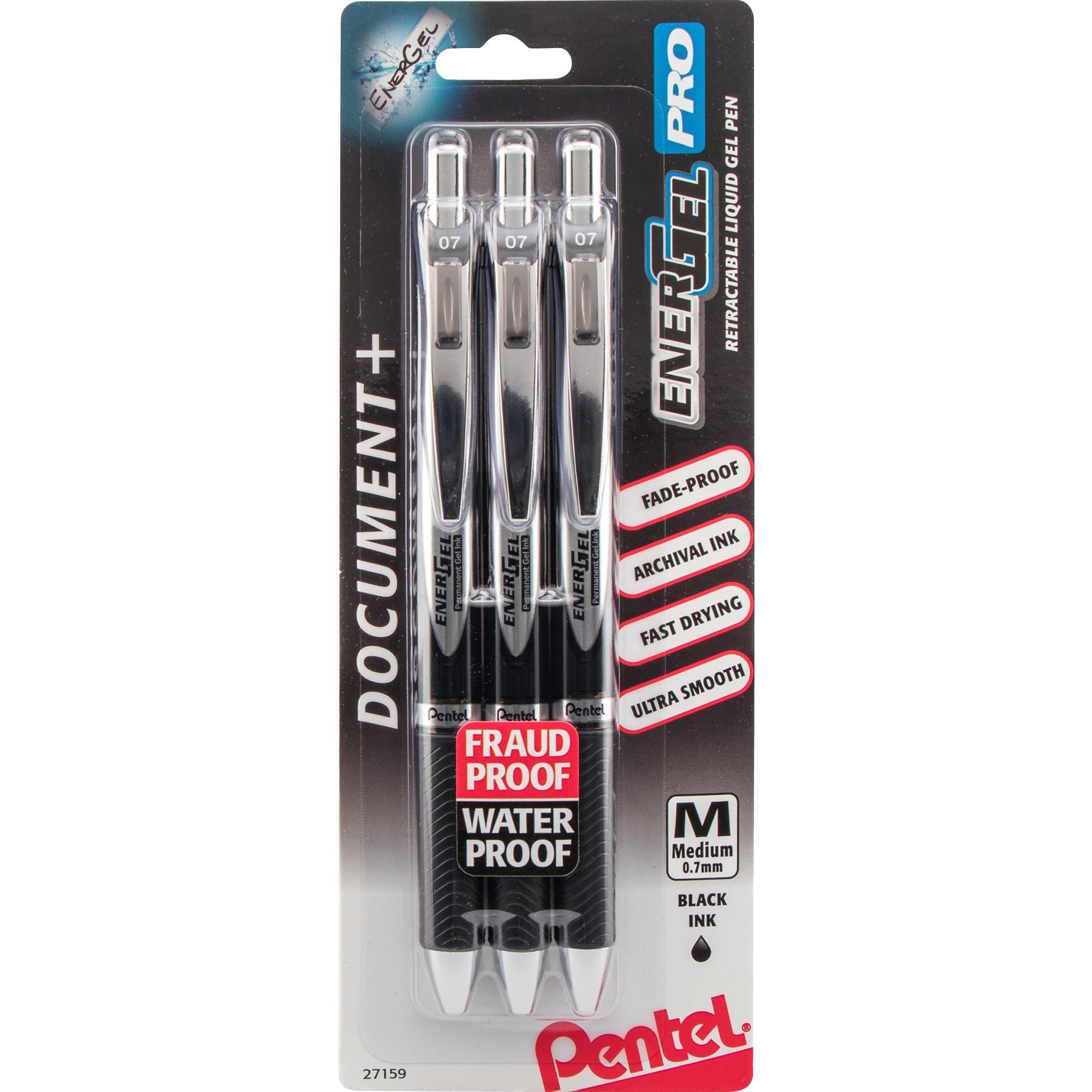 EnerGel PRO Retractable Liquid Gel Ink Pens - 0.7 mm Medium Pen Point - Refillable - Retractable - Black Ink - Gel-based - Black Stainless Steel Barrel - Metal Tip - 3 / Pack