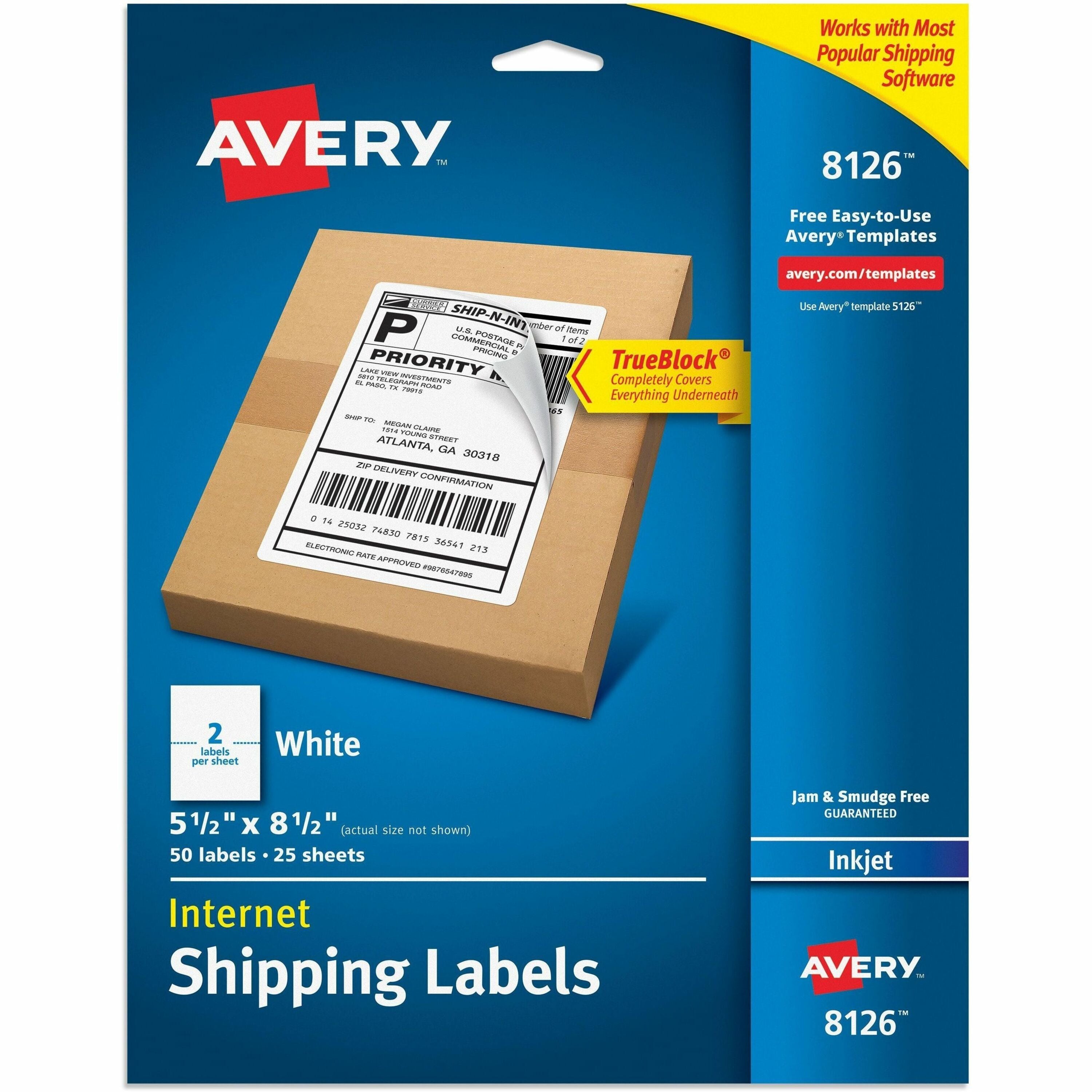 5 1/2" Width x 8 1/2" Length - Permanent Adhesive - Rectangle - Inkjet - Matte - White - Paper - Permanent Adhesive, Jam Resistant, Smudge Resistant, Customizable, Stick & Stay - 2 / Sheet - 25 Total Sheets - 50 Total Label(s) - 1 Pack