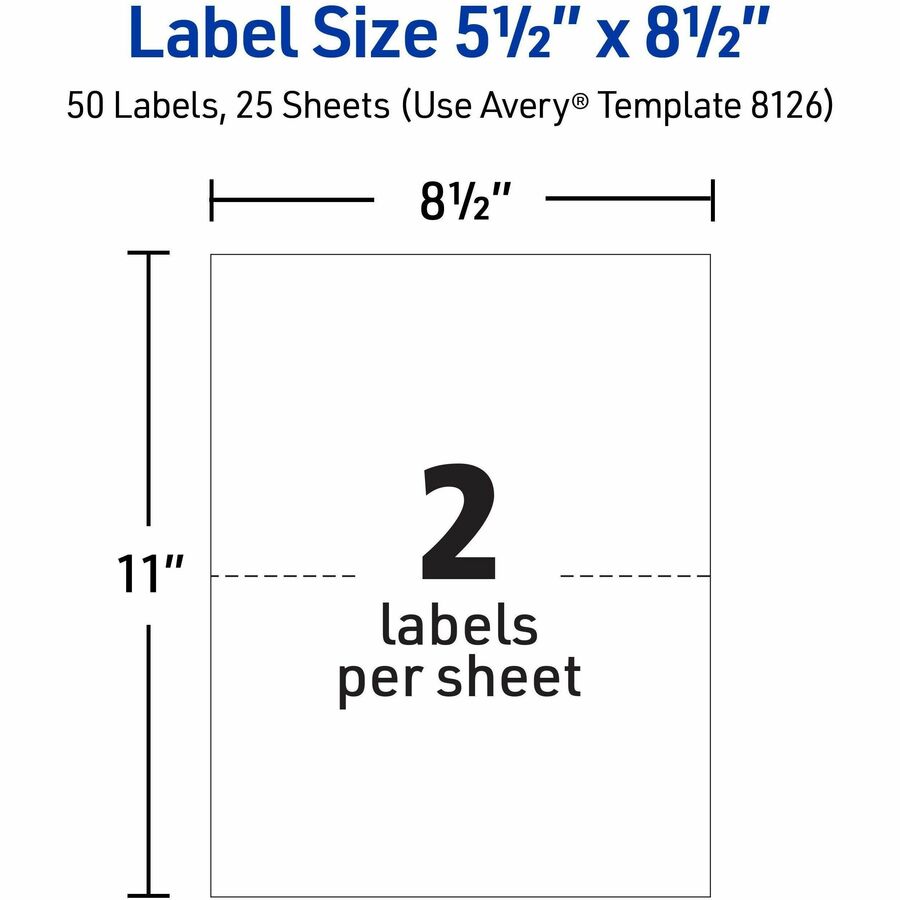 5 1/2" Width x 8 1/2" Length - Permanent Adhesive - Rectangle - Inkjet - Matte - White - Paper - Permanent Adhesive, Jam Resistant, Smudge Resistant, Customizable, Stick & Stay - 2 / Sheet - 25 Total Sheets - 50 Total Label(s) - 1 Pack