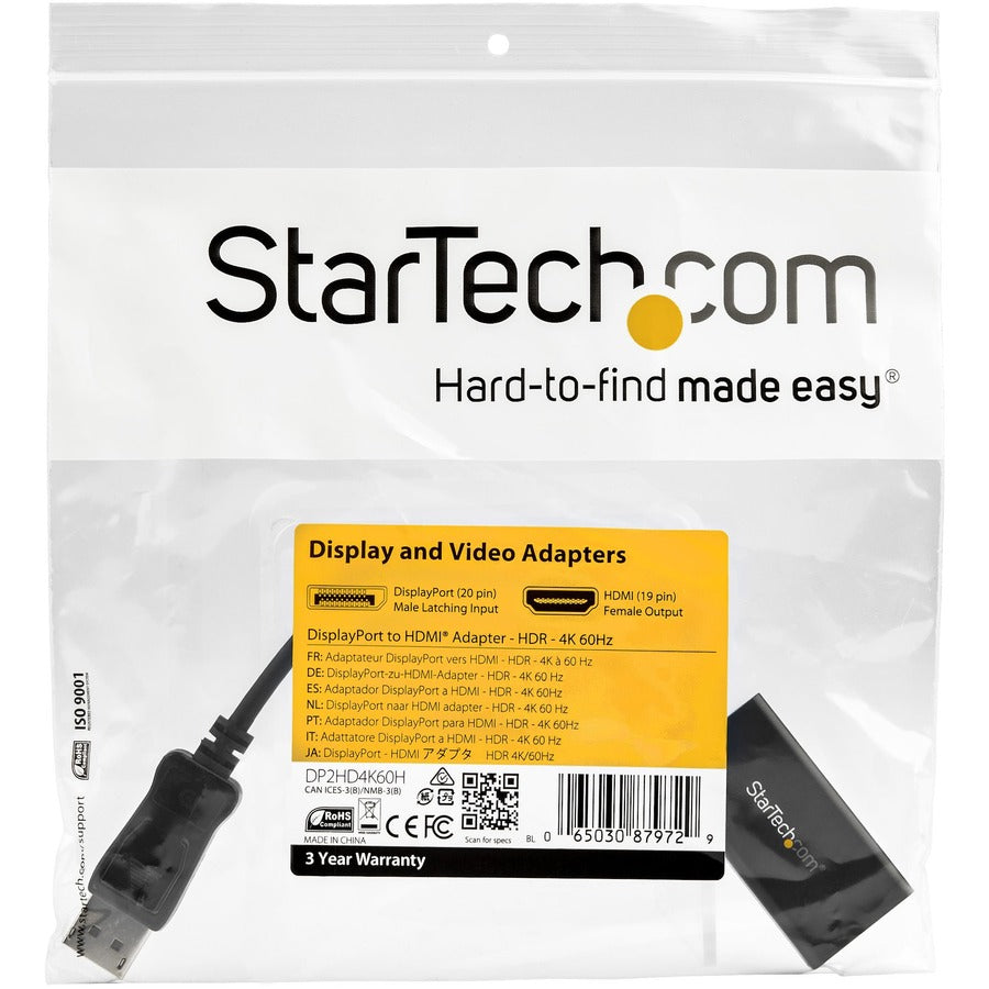 StarTech.com DisplayPort To HDMI Adapter with HDR - 4K 60Hz - Black