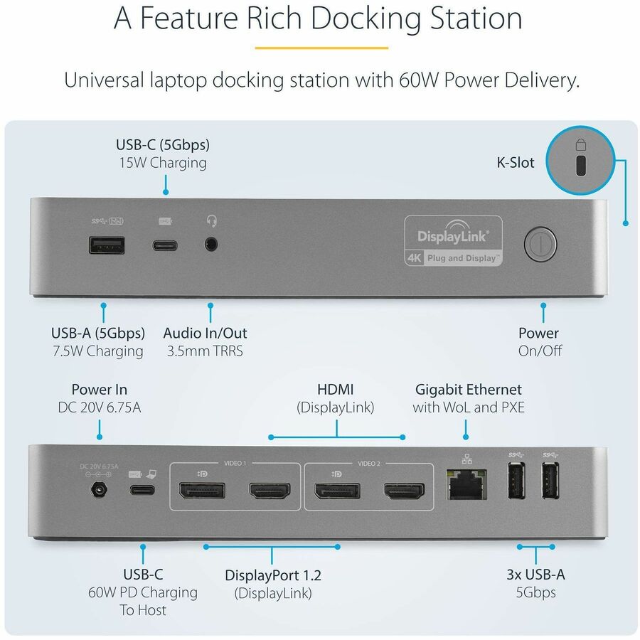 StarTech.com USB-C Docking Station with USB-A Laptop Compatibility - 60W PD