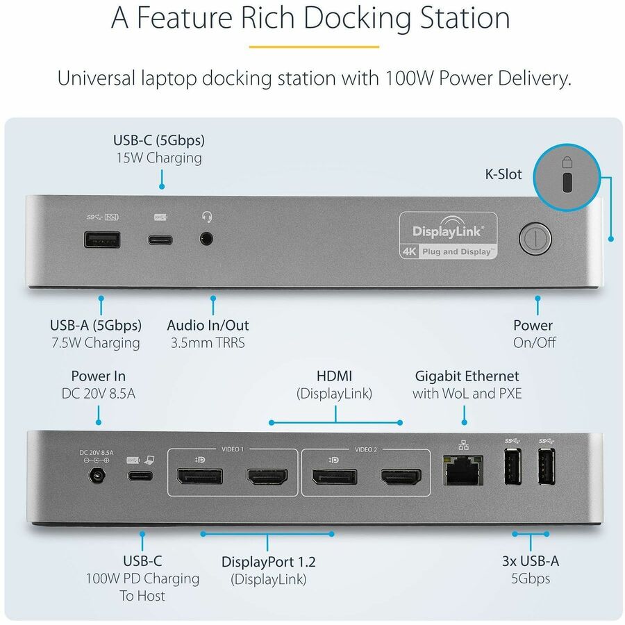 StarTech.com USB-C Docking Station with USB-A LaptopCompatibility - 100W PD