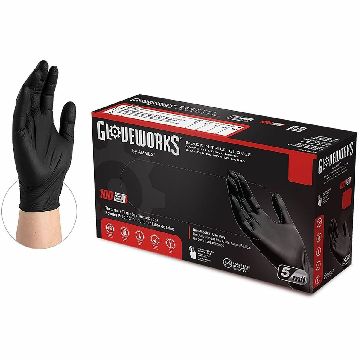 Gloveworks Industrial Black Nitrile Disposable Gloves, 5 mil, Medium, Textured Grip, Chemical and Puncture Resistant, Latex-Free, High Tactile Sensitivity, Durable, Ambidextrous - 100 Gloves/Box