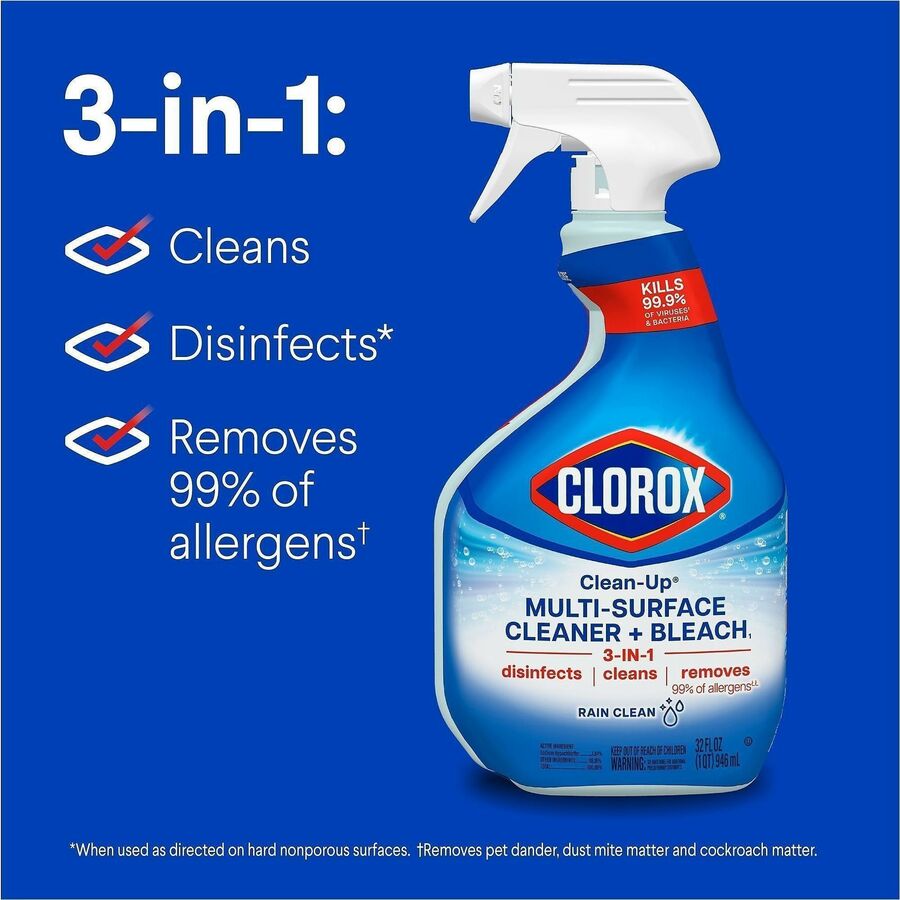 Clorox Clean-Up Multi-Surface Cleaner with Bleach - For Multipurpose - 32 fl oz (1 quart) - Rain Clean Scent - Recommended For: Stain Remover - Deodorize, Disinfectant, Easy to Use - Multi Spray Bottle - 1 Each