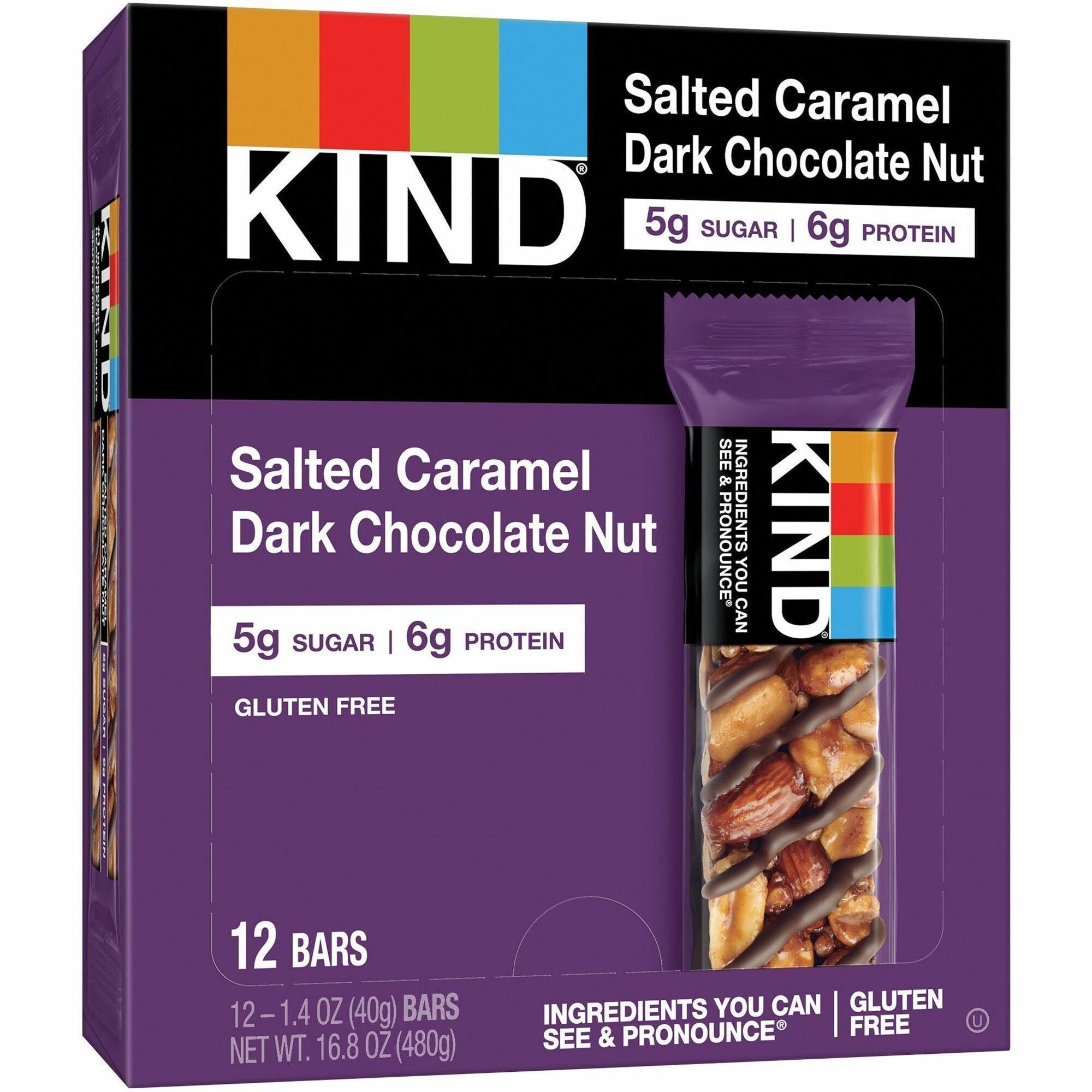 Gluten-free, Trans Fat Free, Sulfur dioxide-free, Low Sodium, No Artificial Flavor, Low Glycemic - Salted Caramel Dark Chocolate Nut - 1.40 oz - 12 / Box