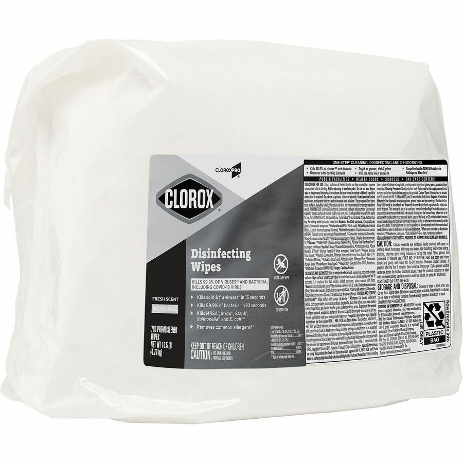 CloroxPro&trade; Disinfecting Wipes - For Multipurpose - Fresh Scent - 7" Length x 7" Width - Bleach-free, Pre-moistened, Antibacterial - White - 700/Bag - 1 Each
