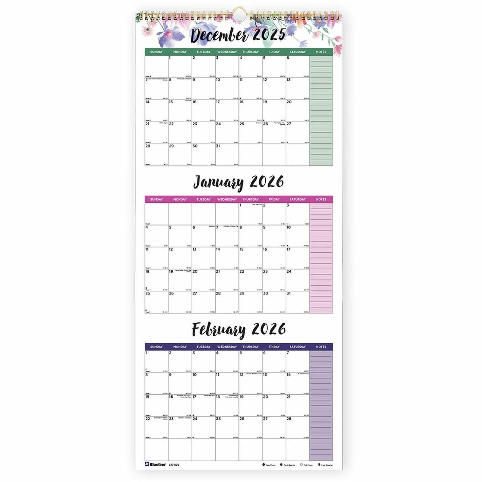 Blueline 3-Month Colorful Wall Calendar