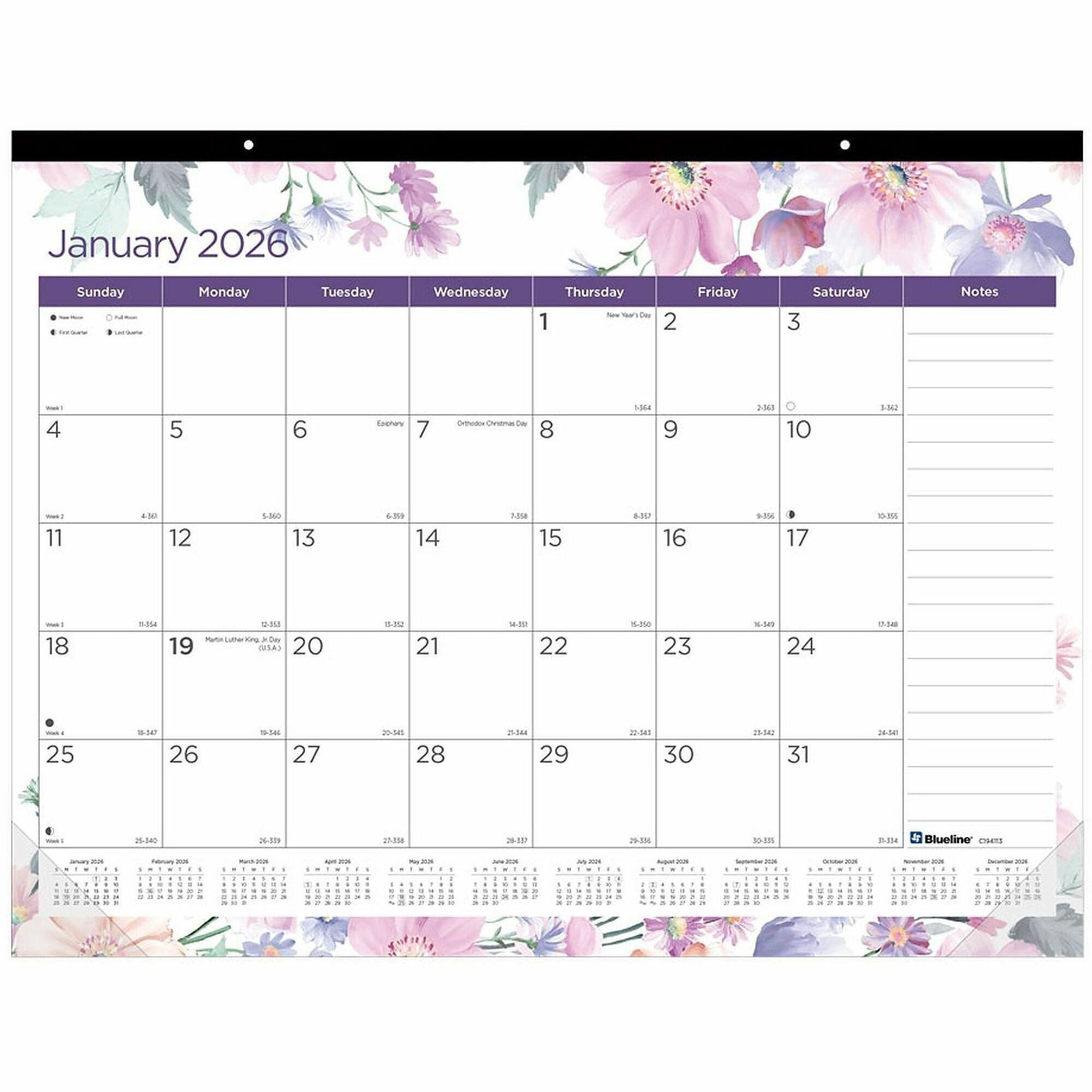 Julian Dates - Monthly - 12 Month - January 2026 to December 2026 - 1 Month Single Page Layout - 22" x 17" Sheet Size - Desk Pad - Floral - Fiber - Notes Area, Tear-off, Moon Phases, Holiday Listing, Reference Calendar, Unruled Daily Block - 1 Each