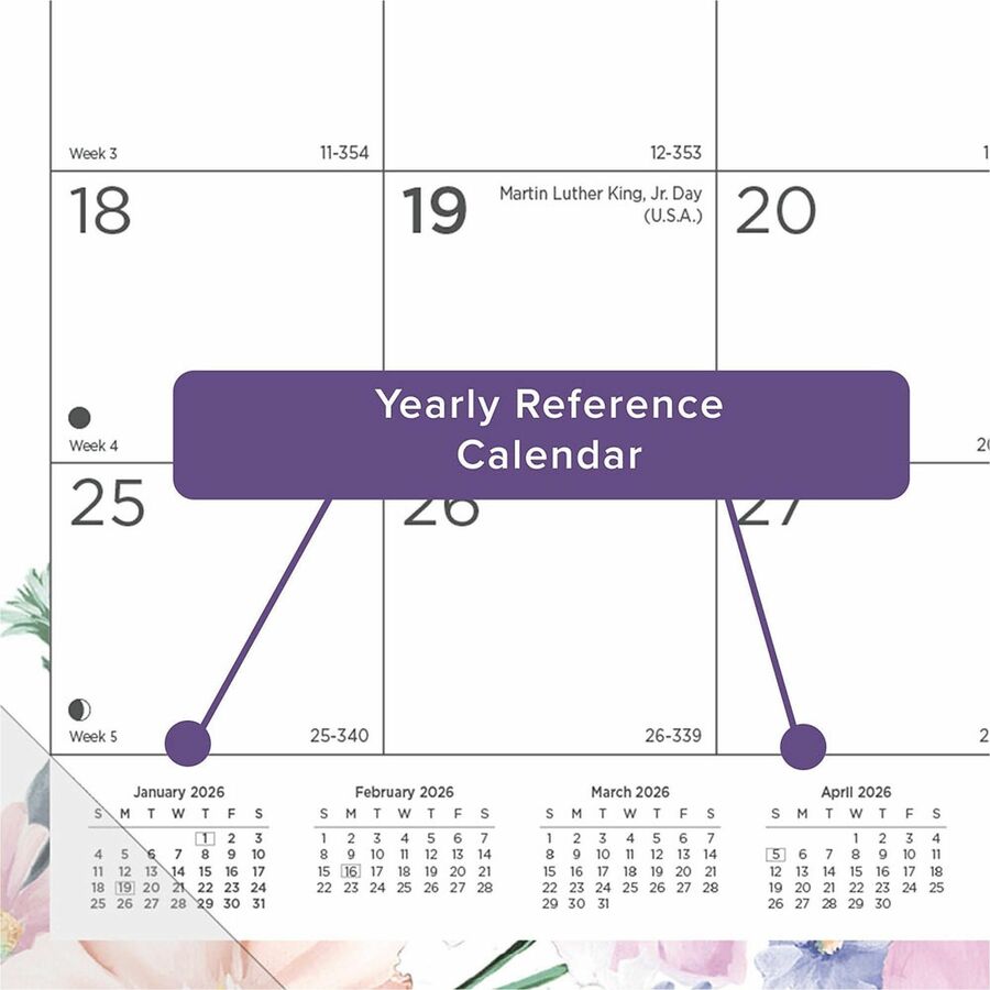 Julian Dates - Monthly - 12 Month - January 2026 to December 2026 - 1 Month Single Page Layout - 22" x 17" Sheet Size - Desk Pad - Floral - Fiber - Notes Area, Tear-off, Moon Phases, Holiday Listing, Reference Calendar, Unruled Daily Block - 1 Each
