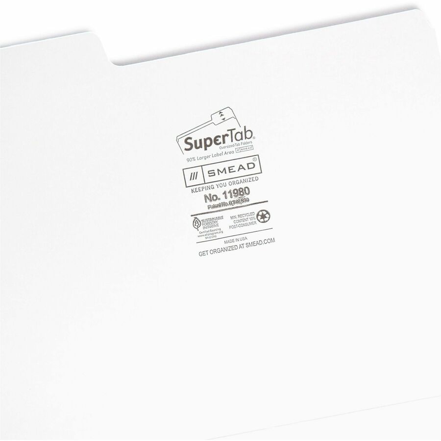 Smead SuperTab 1/3 Tab Cut Letter Recycled Top Tab File Folder - 8 1/2" x 11" - 3/4" Expansion - Assorted Tab Position - 11 pt. - White - 10% Recycled - 100 / Box