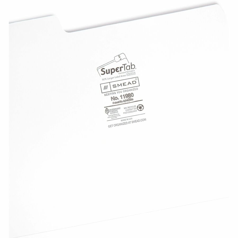 Smead SuperTab 1/3 Tab Cut Letter Recycled Top Tab File Folder - 8 1/2" x 11" - 3/4" Expansion - Assorted Tab Position - 11 pt. - White - 10% Recycled - 100 / Box