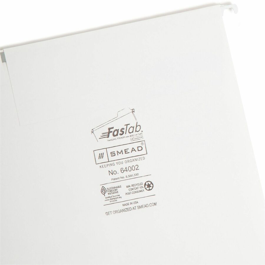 Smead FasTab 1/3 Tab Cut Letter Recycled Hanging Folder - 8 1/2" x 11" - Assorted Tab Position - 11 pt. - White - 10% Recycled - 20 / Box