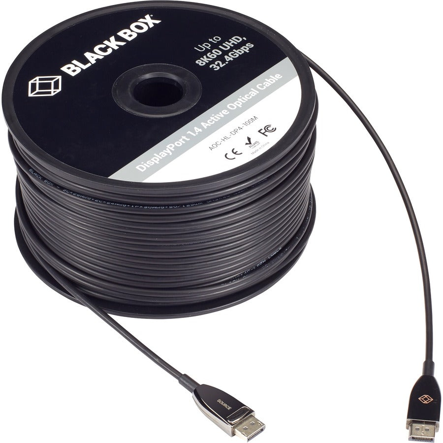 Black Box DisplayPort 1.4 Active Optical Cable, 164.04 ft, Fiber Optic, Male to Male, 32.4 Gbit/s, Supports 7680 x 4320, Nickel Plated, LSZH, Black, 1 Each