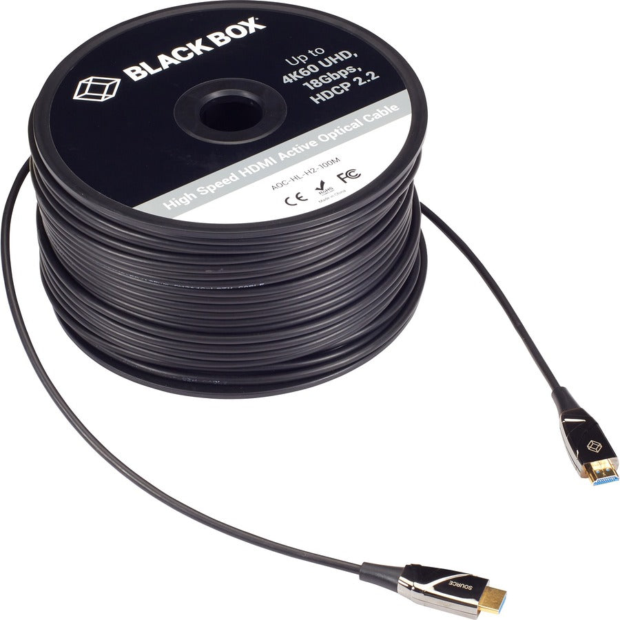 Black Box High-Speed HDMI 2.0 Active Optical Cable, 164.04 ft, Fiber Optic, 18 Gbit/s, 4K UHD, Gold Plated Connectors, LSZH, Black, 1 Each