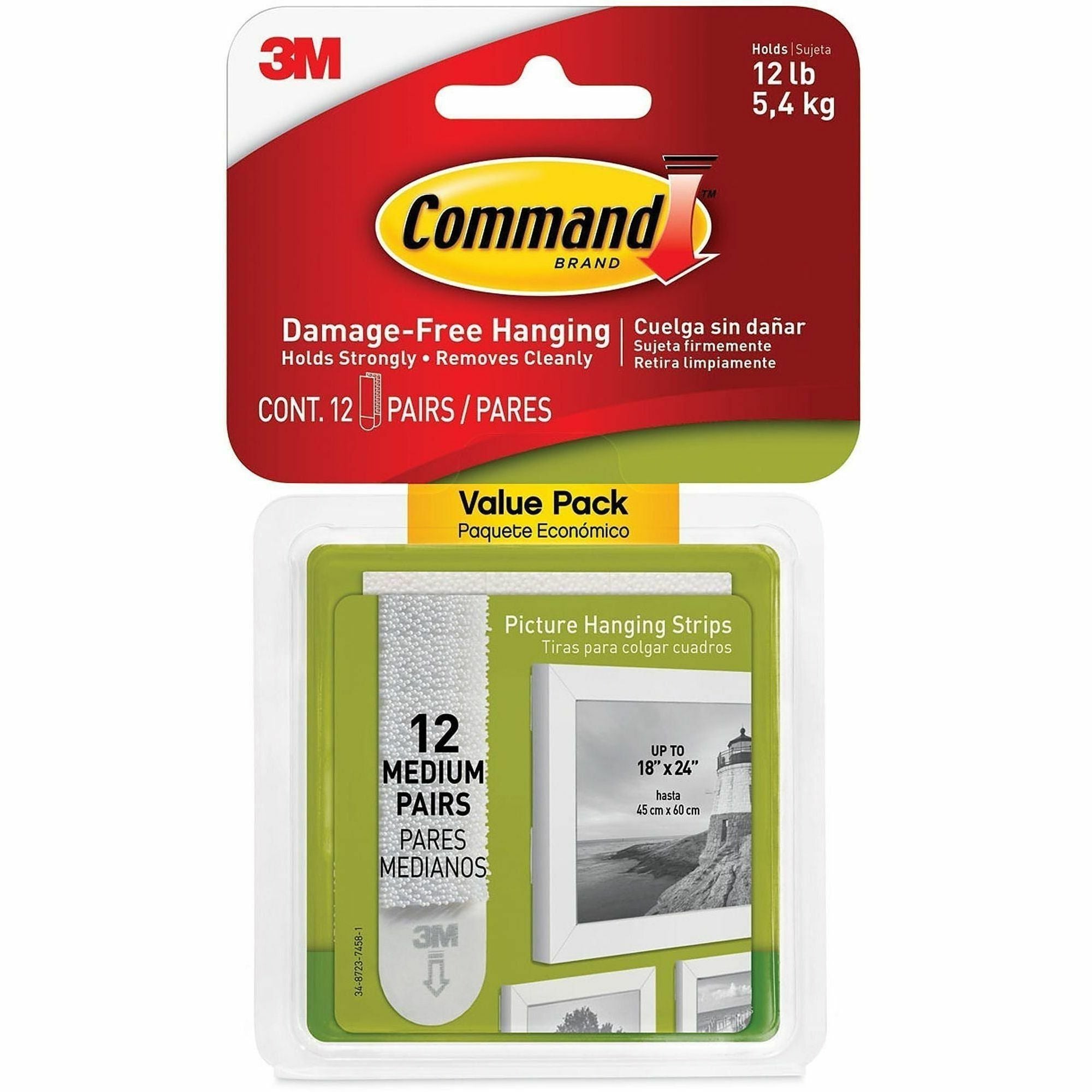 12 lb (5.44 kg) Capacity - Adhesive - Medium - for Pictures, Decoration, Painted Surface, Wood, Tile, Frame - White - 12 / Pack