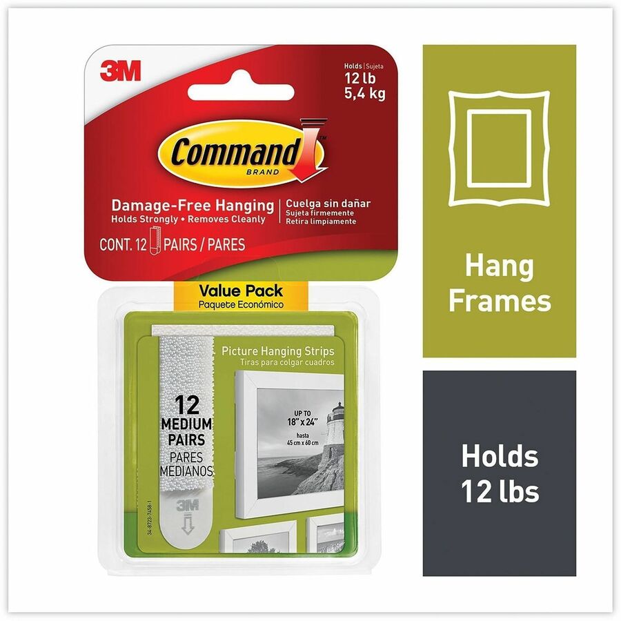 12 lb (5.44 kg) Capacity - Adhesive - Medium - for Pictures, Decoration, Painted Surface, Wood, Tile, Frame - White - 12 / Pack