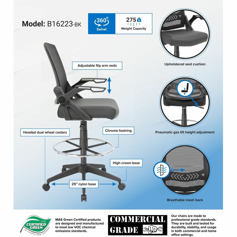 Boss Black Flip Arm Mesh Drafting Stool