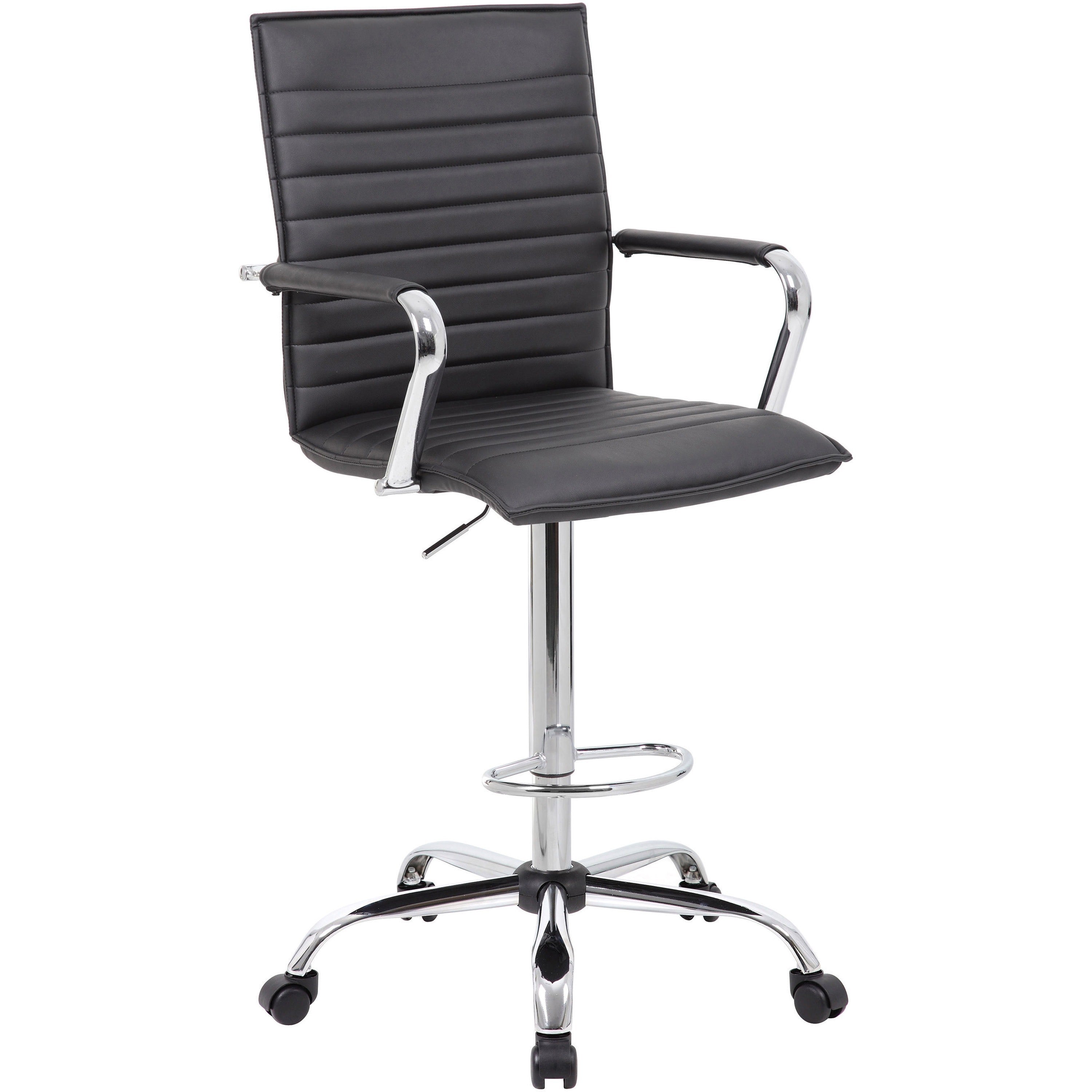Boss Ribbed Design Drafting Stool - Black Seat Color - Vinyl Seat Material - Black Back Color - Vinyl Back Material - Chrome Frame Color - 5-star Base - Armrest - 1 Each