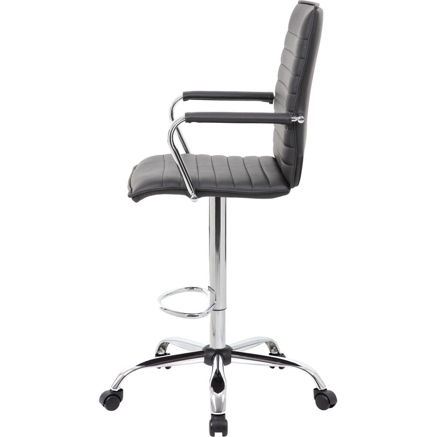 Boss Ribbed Design Drafting Stool - Black Seat Color - Vinyl Seat Material - Black Back Color - Vinyl Back Material - Chrome Frame Color - 5-star Base - Armrest - 1 Each
