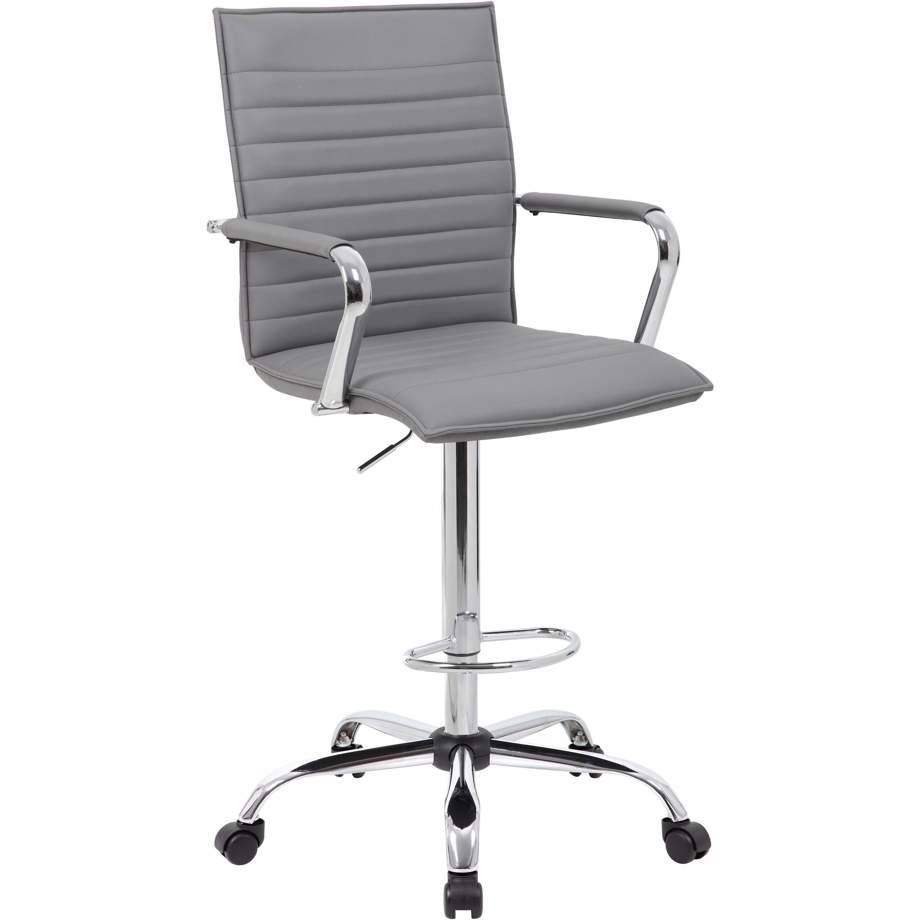 Boss Ribbed Design Drafting Stool - Gray Seat Color - Vinyl Seat Material - Gray Back Color - Vinyl Back Material - Chrome Frame Color - 5-star Base - Armrest - 1 Each