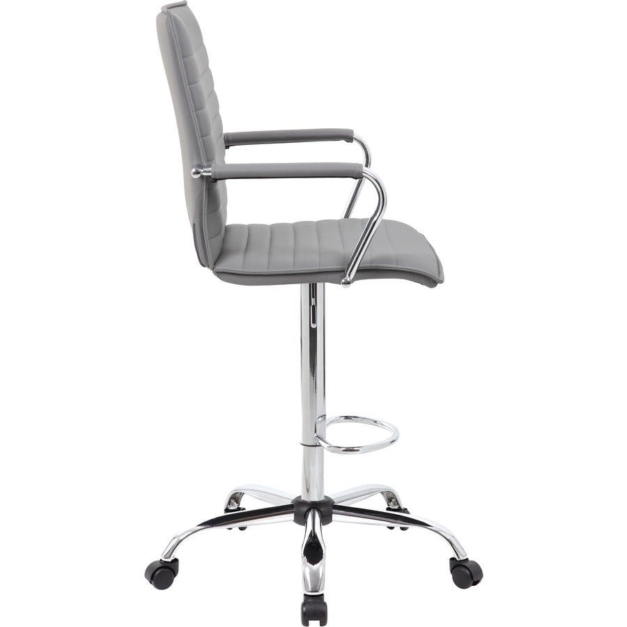 Boss Ribbed Design Drafting Stool - Gray Seat Color - Vinyl Seat Material - Gray Back Color - Vinyl Back Material - Chrome Frame Color - 5-star Base - Armrest - 1 Each