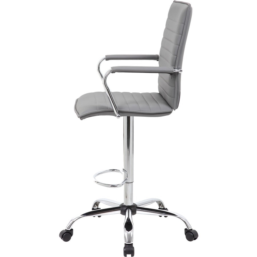 Boss Ribbed Design Drafting Stool - Gray Seat Color - Vinyl Seat Material - Gray Back Color - Vinyl Back Material - Chrome Frame Color - 5-star Base - Armrest - 1 Each
