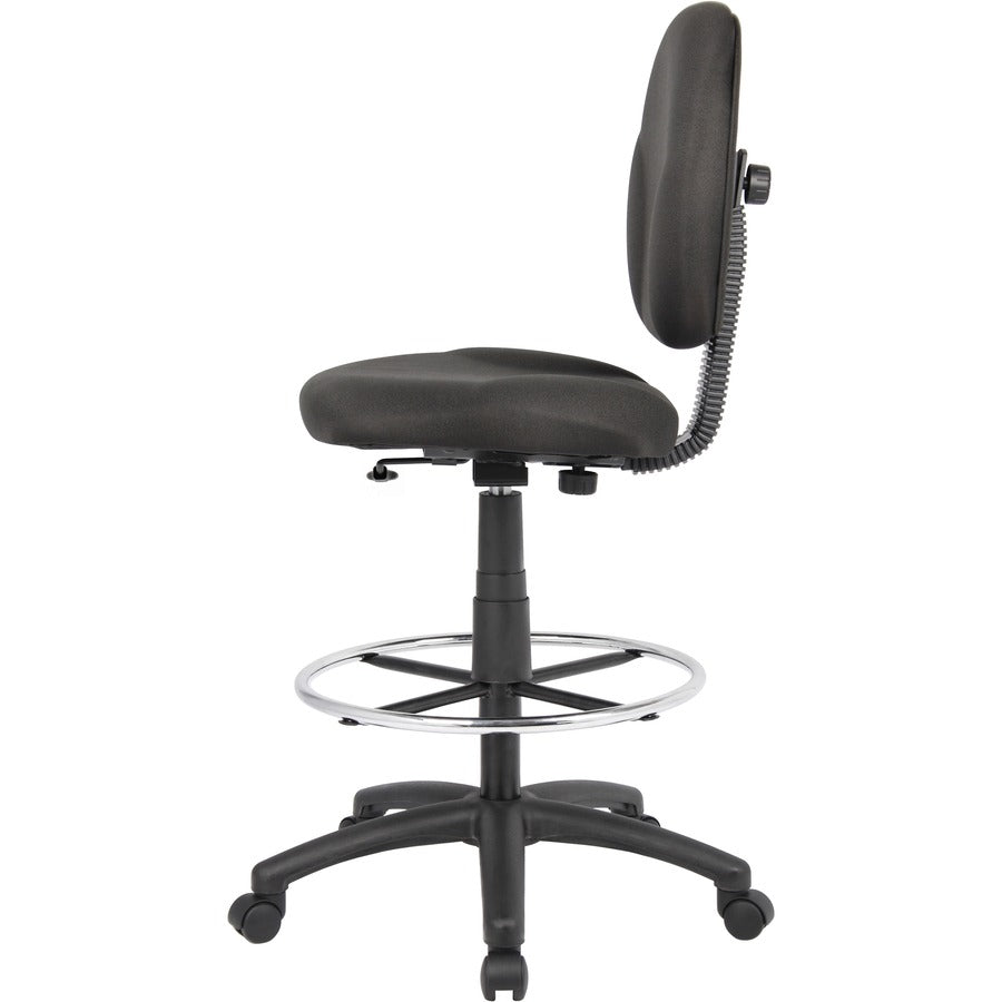 Boss Stand Up Fabric Drafting Stool with Foot Rest, Black - Black Seat Color - Crepe Fabric Seat Material - Black Back Color - Crepe Fabric Back Material - 5-star Base - 1 Each