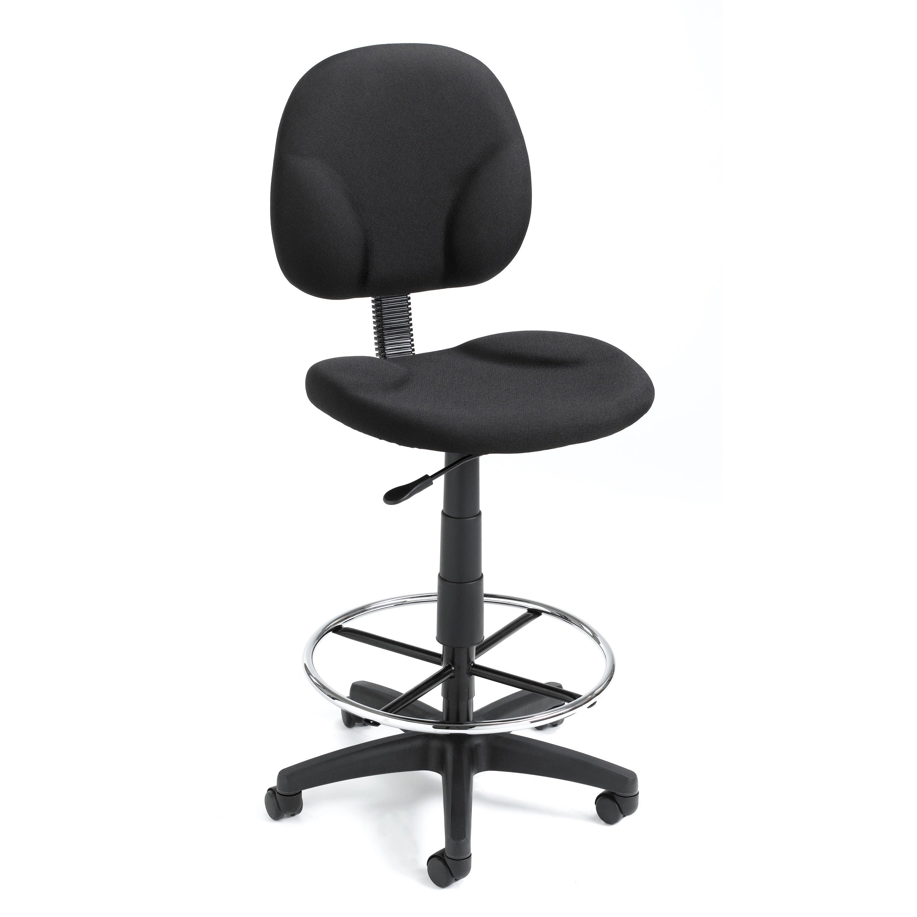 Boss Stand Up Fabric Drafting Stool with Foot Rest, Black - Black Seat Color - Crepe Fabric Seat Material - Black Back Color - Crepe Fabric Back Material - 5-star Base - 1 Each