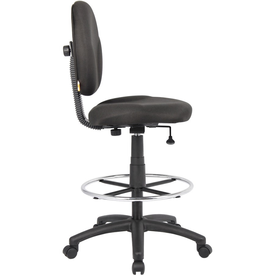 Boss Stand Up Fabric Drafting Stool with Foot Rest, Black - Black Seat Color - Crepe Fabric Seat Material - Black Back Color - Crepe Fabric Back Material - 5-star Base - 1 Each
