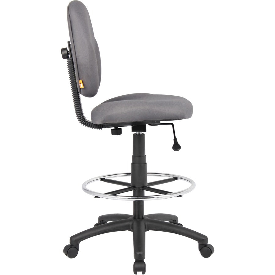 Boss Stand Up Fabric Drafting Stool with Foot Rest, Black - Gray Seat Color - Crepe Fabric Seat Material - Gray Back Color - Crepe Fabric Back Material - 5-star Base - 1 Each