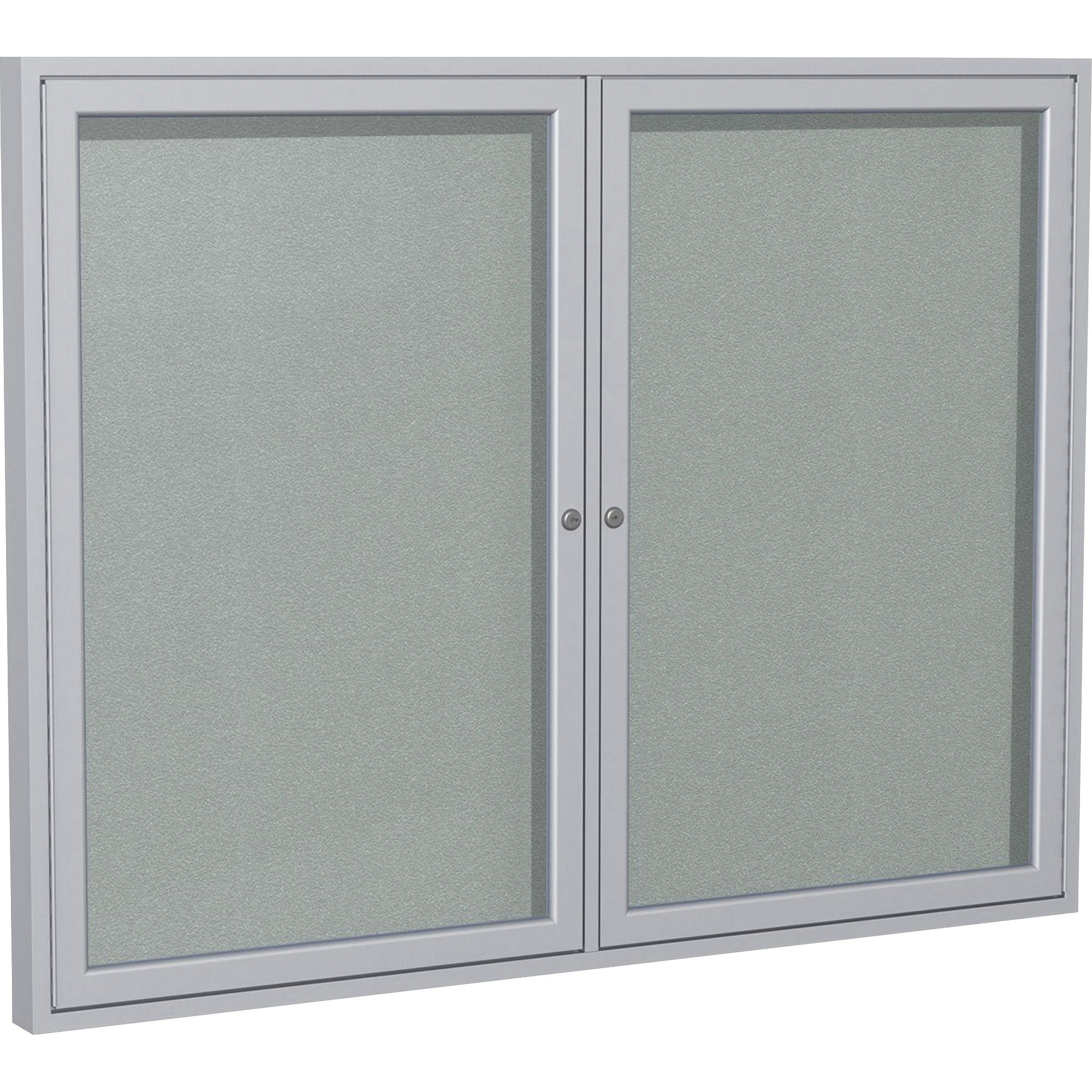 Ghent 2 Door Enclosed Vinyl Bulletin Board with Satin Aluminum Frame, Silver Surface, 36" x 48", Locking Hinged Doors, 1 Each