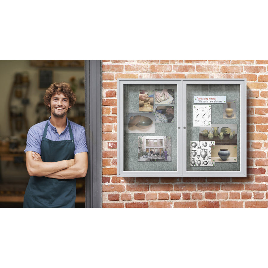 Ghent 2 Door Enclosed Vinyl Bulletin Board with Satin Aluminum Frame, Silver Surface, 36" x 48", Locking Hinged Doors, 1 Each
