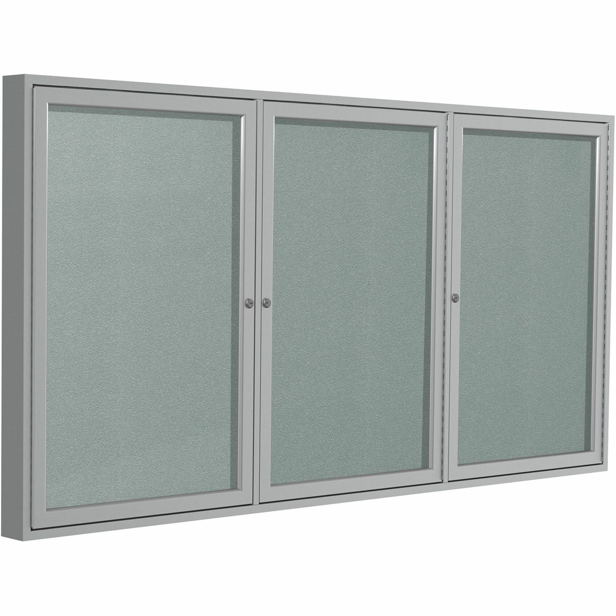 Ghent 3 Door Enclosed Vinyl Bulletin Board, 36" x 72", Silver Vinyl Surface, Satin Aluminum Frame, Locking Hinged Doors, 1 Each
