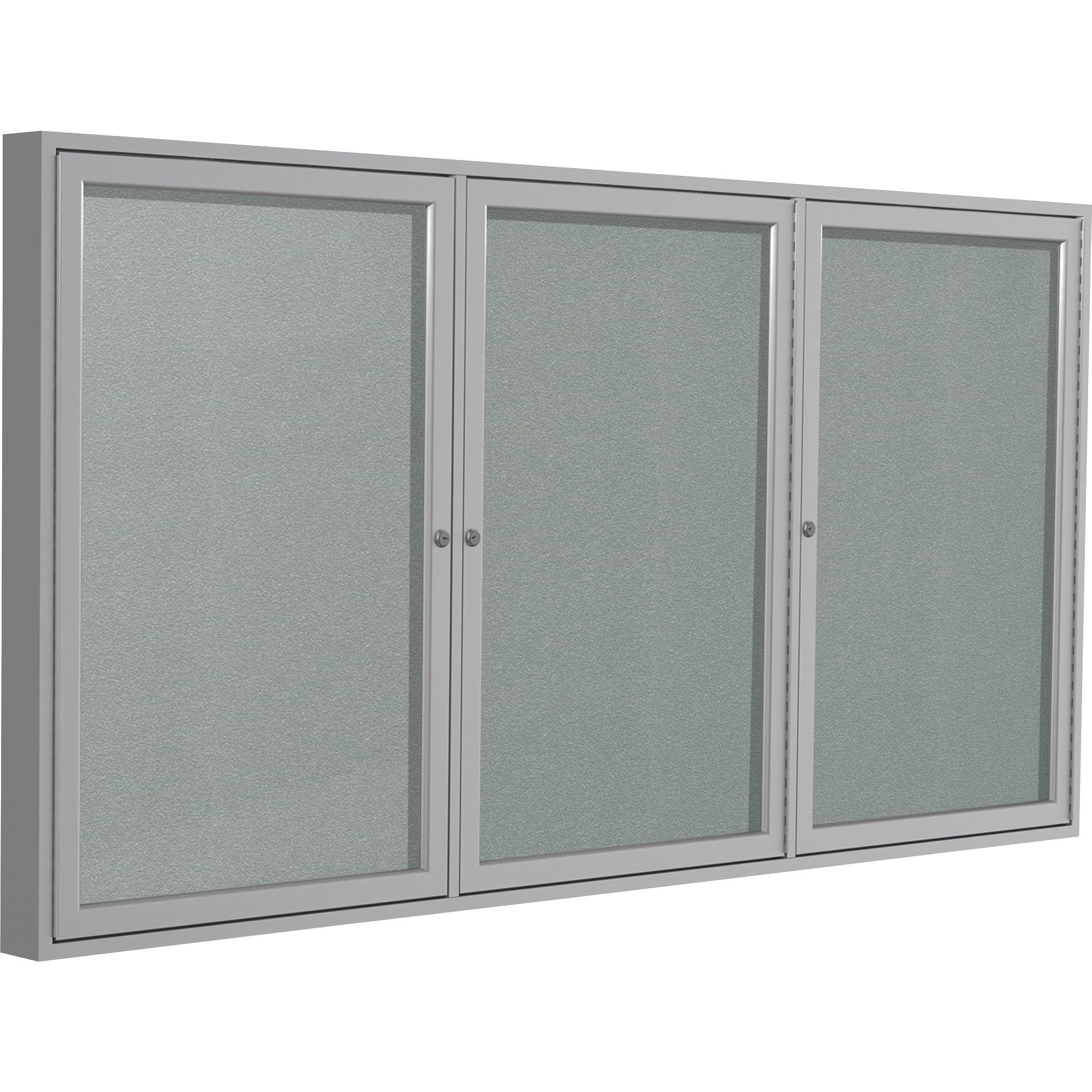 Ghent 3 Door Enclosed Vinyl Bulletin Board with Satin Aluminum Frame, Silver Surface, 48" x 96", Locking Hinged Doors, 1 Each